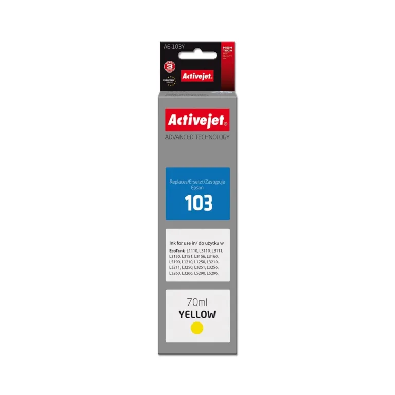 Activejet AE-103Y 70 ml kollane dye-tint, ühilduv Epson 103 C13T00S44A ja EcoTank printeritega, kõrge tootlikkus