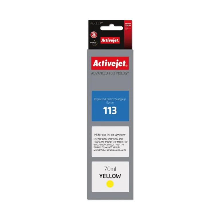 Activejet AE-113Y 70 ml kollane dye-tint asenduskassett kiibiga Epson 113 printeritele