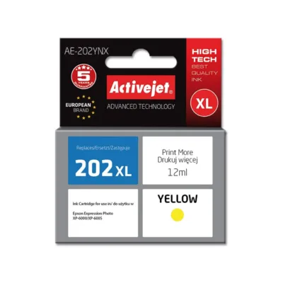 Activejet AE-202YNX 12 ml kollane XL dye-tindikassett kiibiga Epson 202XL jaoks, ühilduv Expression Premium XP-6000/6005/6100/6105