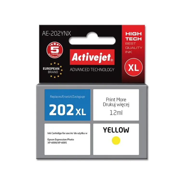 Activejet AE-202YNX 12 ml kollane XL dye-tindikassett kiibiga Epson 202XL jaoks, ühilduv Expression Premium XP-6000/6005/6100/6105