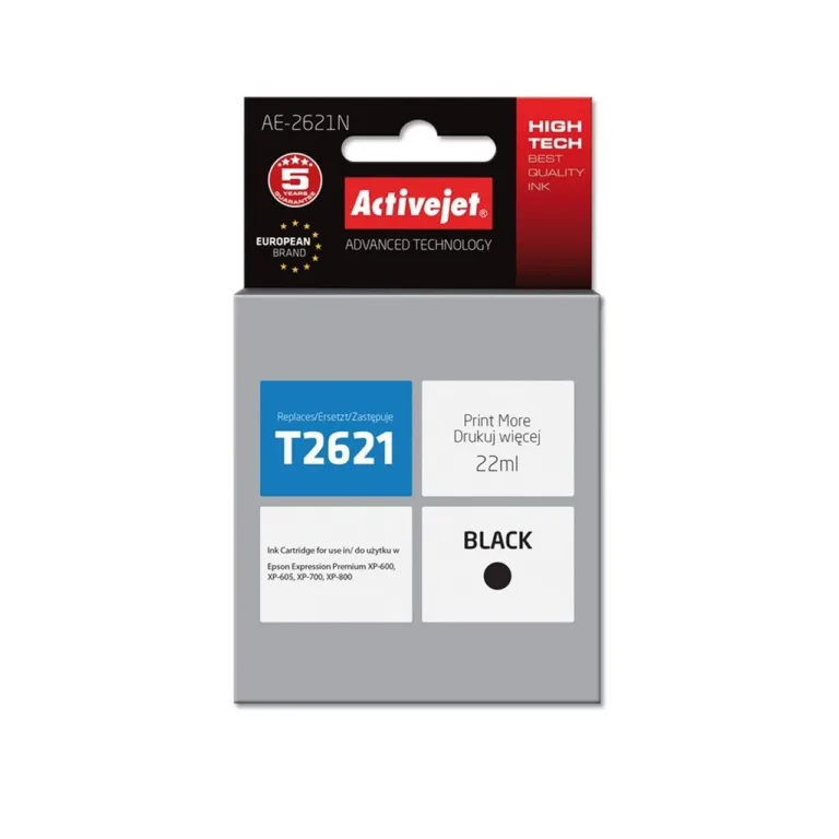 Activejet AE-2621N 22 ml XL pigmentmust tindikassett, Epson 26 T2621 asenduseks, ühilduv XP-600/605/610/700/800 printeritega