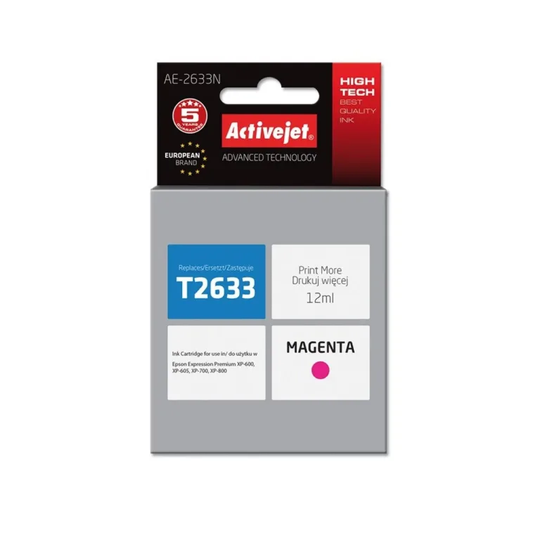 Activejet AE-2633N 12 ml XL magenta pigmenttindikassett Epson 26 T2633 asendamiseks, ühilduv Expression Premium XP-600/605/610/700/800 printeritega