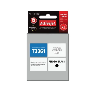 Activejet AE-33PBNX 12 ml XL pigmendipõhine foto-must tindikassett, asendus Epson 33XL T3361-le, ühilduv Expression Premium XP-seeriaga