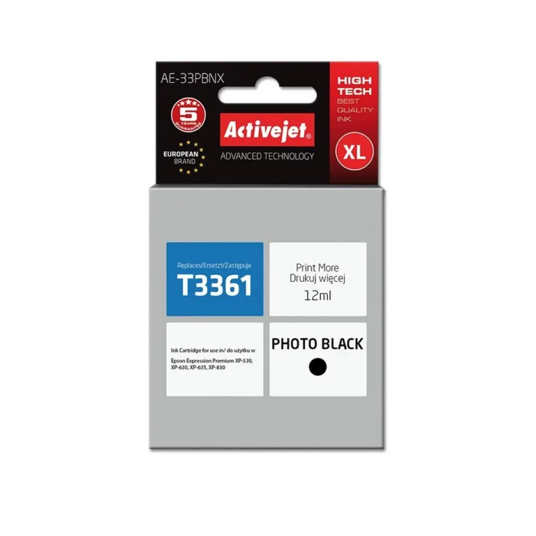 Activejet AE-33PBNX 12 ml XL pigmendipõhine foto-must tindikassett, asendus Epson 33XL T3361-le, ühilduv Expression Premium XP-seeriaga