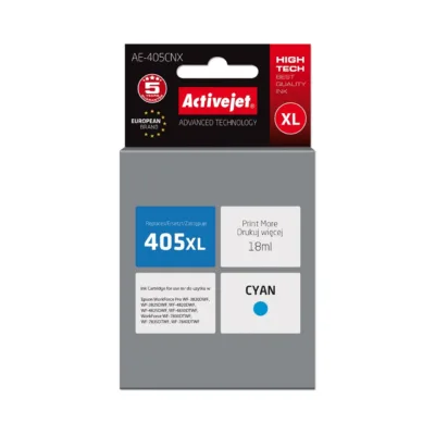 Activejet AE-405CNX 18 ml kõrge tootlikkusega tsüaansinise tindiga asenduskassett Epson 405XL (C13T05H24010) jaoks, ühilduv WorkForce Pro/WorkForce printeritega