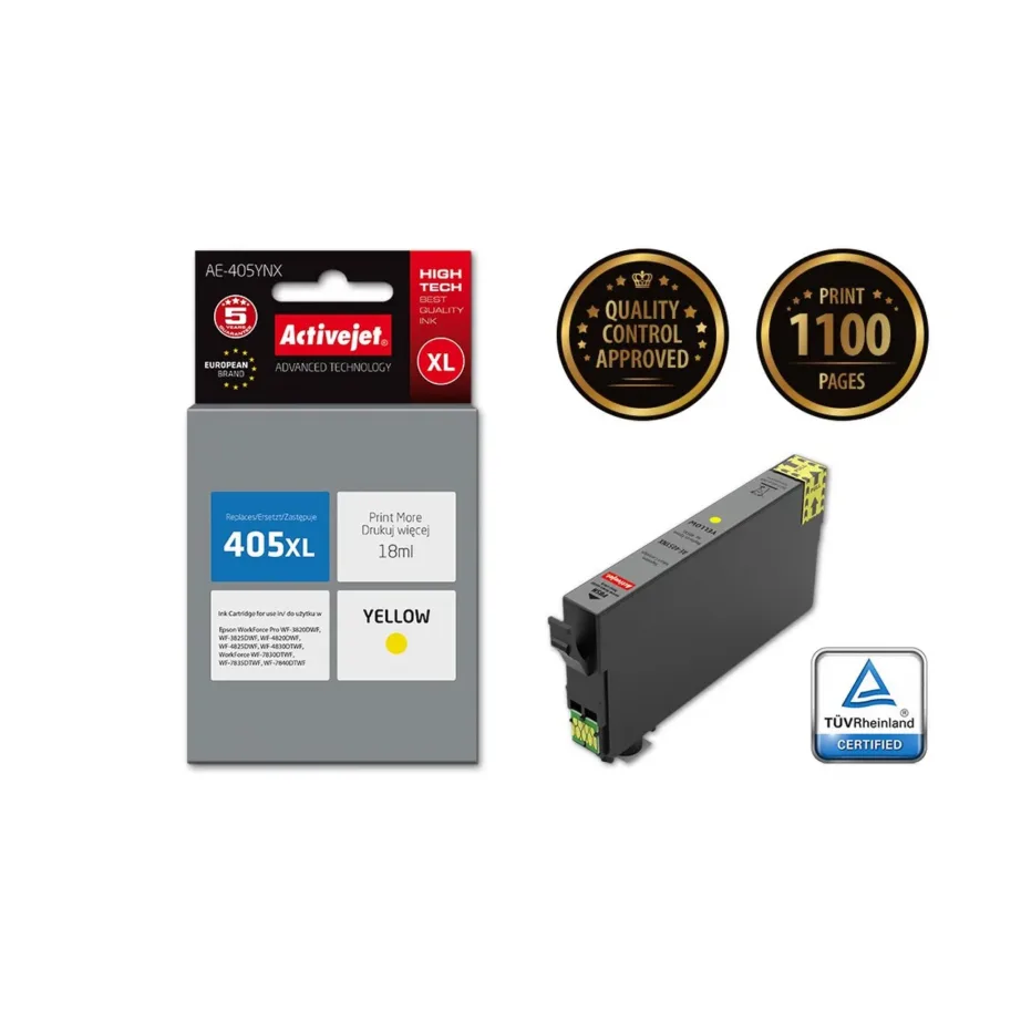Activejet AE-405YNX 18 ml kollane XL tindikassett Epson 405XL (C13T05H44010) printeritele, kiibiga, ühilduv WorkForce Pro ja WorkForce seeriaga