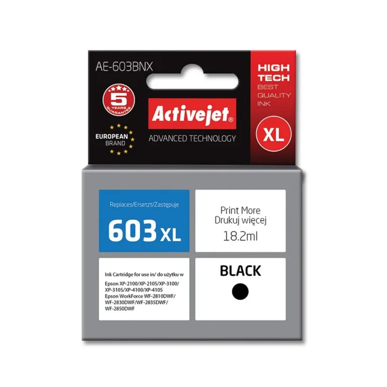 Activejet AE-603BNX 18,2 ml XL must pigmenttindikassett (asendab Epson 603XL T03A14) kiibiga tindiprinteritele