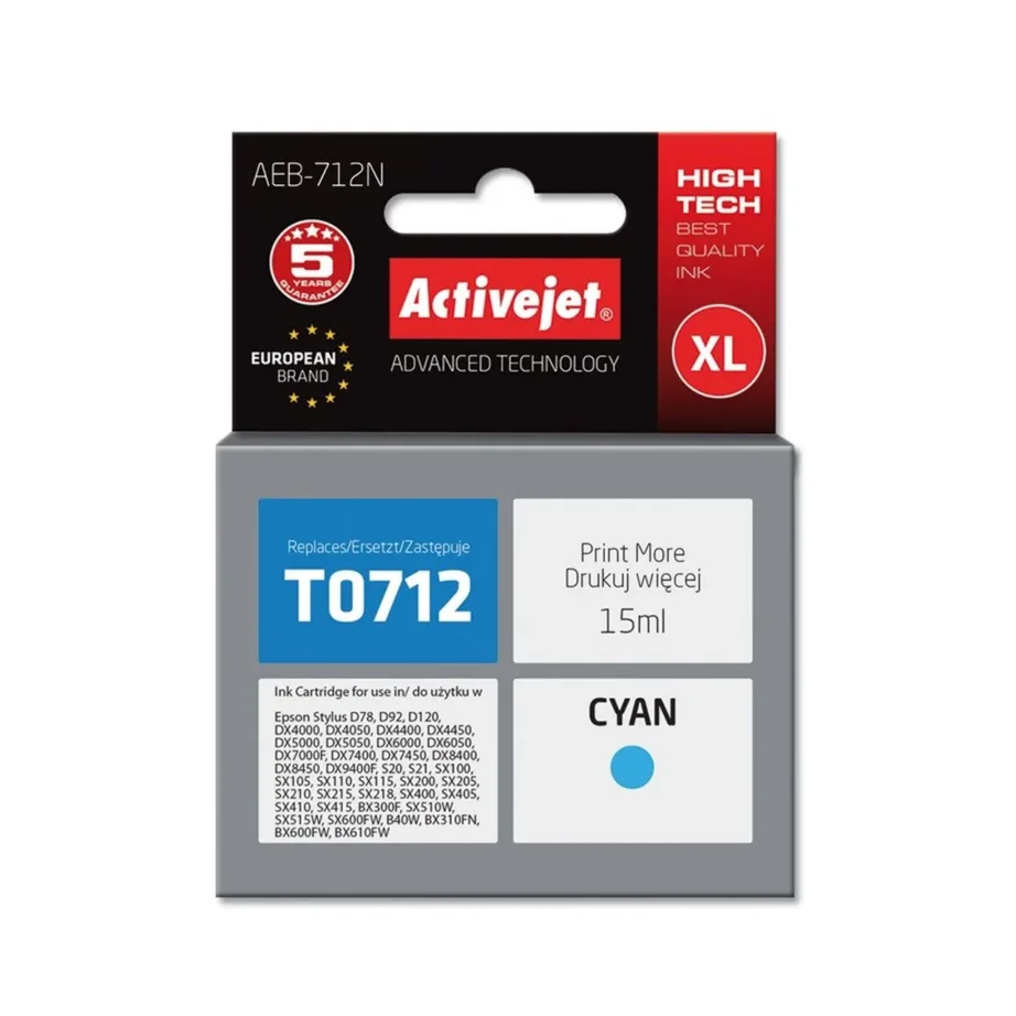 Activejet AEB-712N 15 ml XL tsüaan tindikassett Epson Stylus ja Stylus Office printeritele (asendab T0712, T0892, T1002)