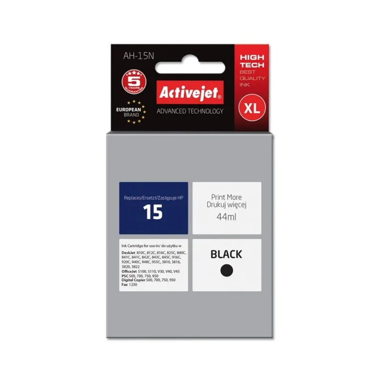 Activejet AH-15N Supreme 44 ml must XL pigmenttindikassett (asendab HP 15 C6615N) tindiprinterile, ühilduv HP Business Inkjet, Color Inkjet, Designjet, PSC seeriatega