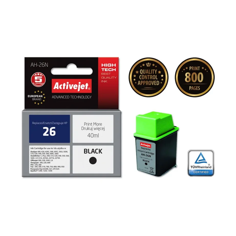 Activejet AH-26N 40 ml must XL tindikassett (asendab HP 26 C51626A) HP DeskJet, OfficeJet jt printeritele