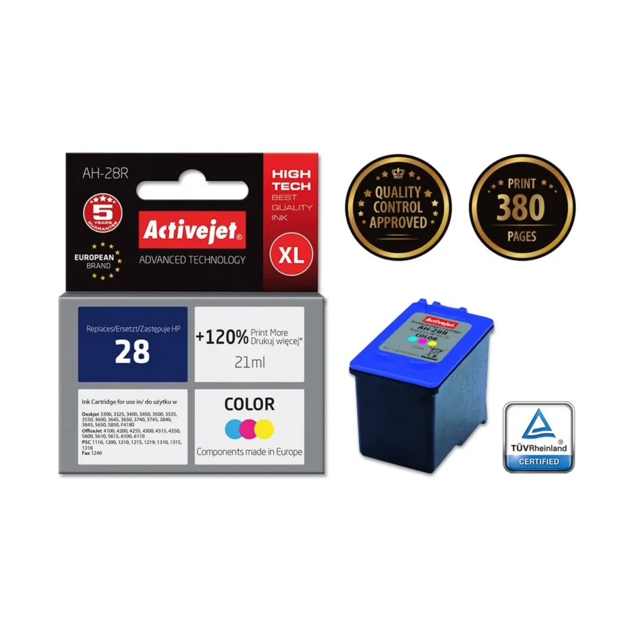Activejet AH-28R 21 ml XL värvitindikassett HP 28 (C8728A) jaoks, asendus, cyan/magenta/yellow, sobib Deskjet/Officejet/PSC/Fax printeritele
