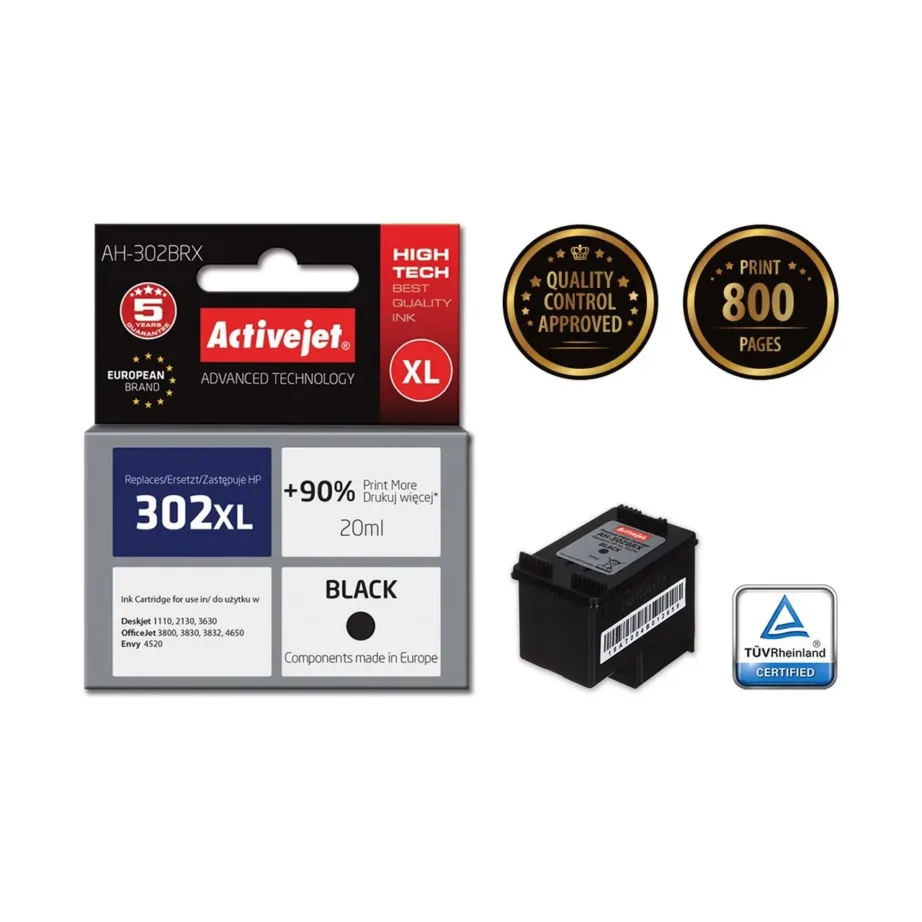 Activejet AH-302BRX 20 ml XL must pigmenttindikassett (HP 302XL F6U68AE asendus) HP Deskjet/OfficeJet/Envy printeritele, kuni 900 lehte