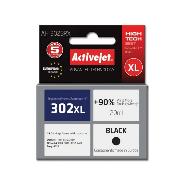 Activejet AH-302BRX 20 ml XL must pigmenttindikassett (HP 302XL F6U68AE asendus) HP Deskjet/OfficeJet/Envy printeritele, kuni 900 lehte