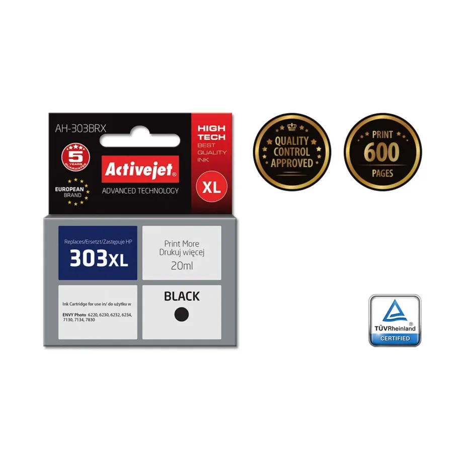 Activejet AH-303BRX 20 ml XL must pigmenttindikassett HP 303XL (T6N04AE) asenduseks, kiibiga, ühilduv HP Envy Photo 6220/6232/6234/7130/7134/7830 ja Envy 7221 jaoks