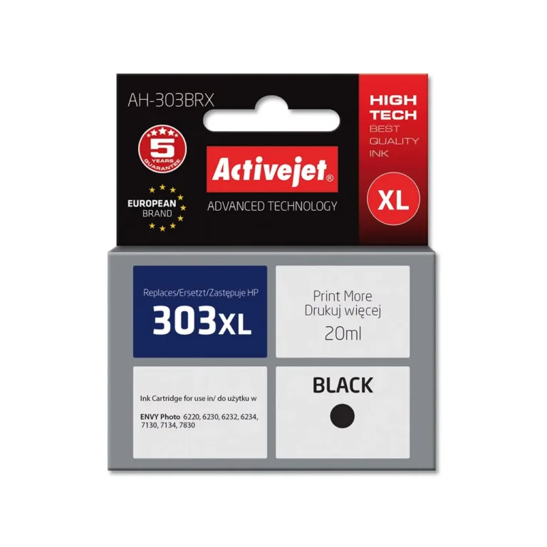 Activejet AH-303BRX 20 ml XL must pigmenttindikassett HP 303XL (T6N04AE) asenduseks, kiibiga, ühilduv HP Envy Photo 6220/6232/6234/7130/7134/7830 ja Envy 7221 jaoks
