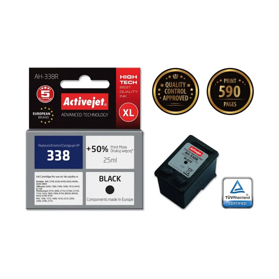 Activejet AH-338R 25 ml must pigmenttint HP 338 (C8765EE) ühilduv kassett, XL-maht, Premium