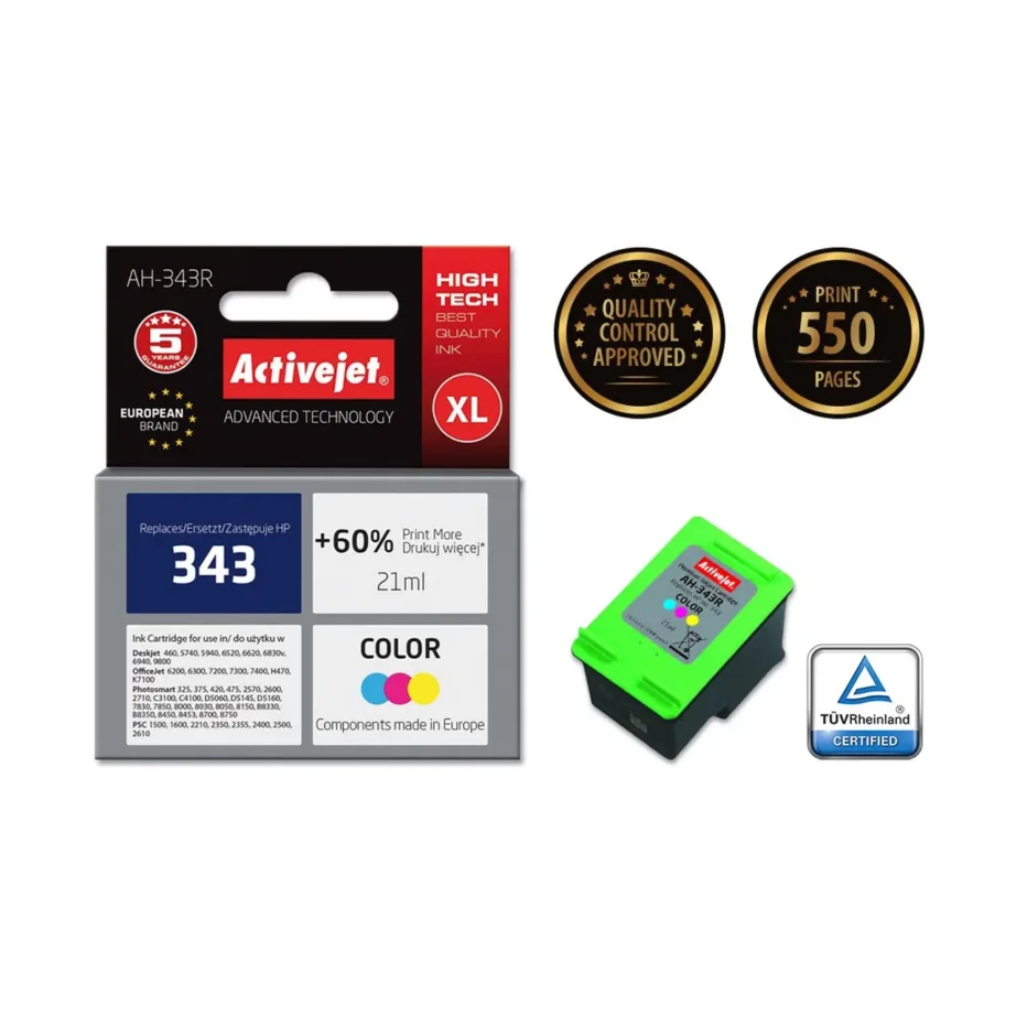 Activejet AH-343R 21 ml kõrge tootlikkusega värvikassett HP 343 C8766EE printeritele, pigmenttint