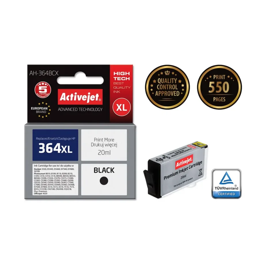 Activejet AH-364BCX 20 ml XL must pigmenttindikassett HP 364XL CN684EE asendus HP DeskJet, OfficeJet ja Photosmart printeritele