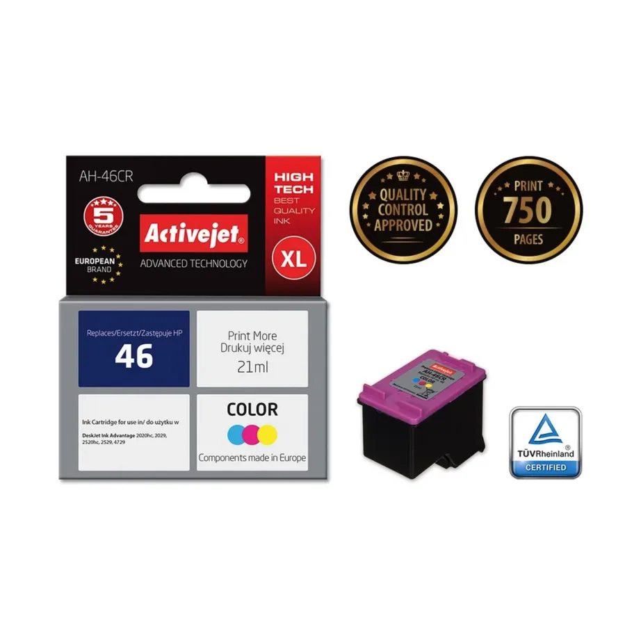 Activejet AH-46CR värvitindikassett 21 ml (HP 46 CZ638AA asendus), XL maht, pigmenttint, ühilduv HP DeskJet Ink Advantage printeritega