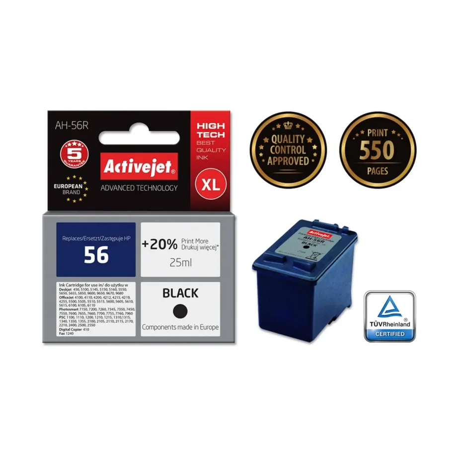 Activejet AH-56R XL must HP 56 tindikassett, 25 ml – asendus HP Deskjet, Officejet, Photosmart printeritele