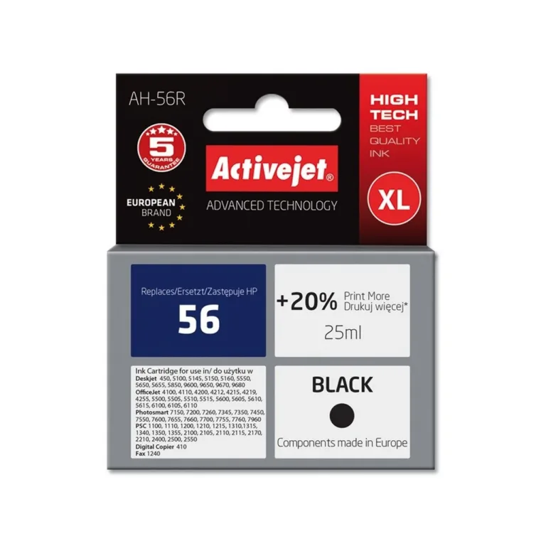 Activejet AH-56R XL must HP 56 tindikassett, 25 ml – asendus HP Deskjet, Officejet, Photosmart printeritele