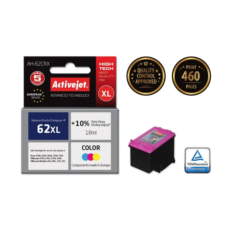 Activejet AH-62CRX 18 ml XL värviline tindikassett (asendus HP 62XL C2P07AE jaoks) HP OfficeJet ja Envy printeritele