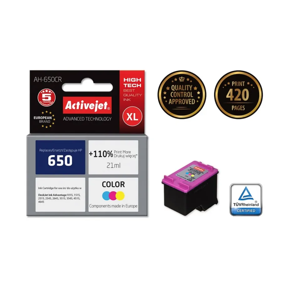 Activejet AH-650CR 21 ml värviline XL-tindikassett HP 650 CZ102AE asendamiseks, ühilduv HP Deskjet Ink Advantage printeritega