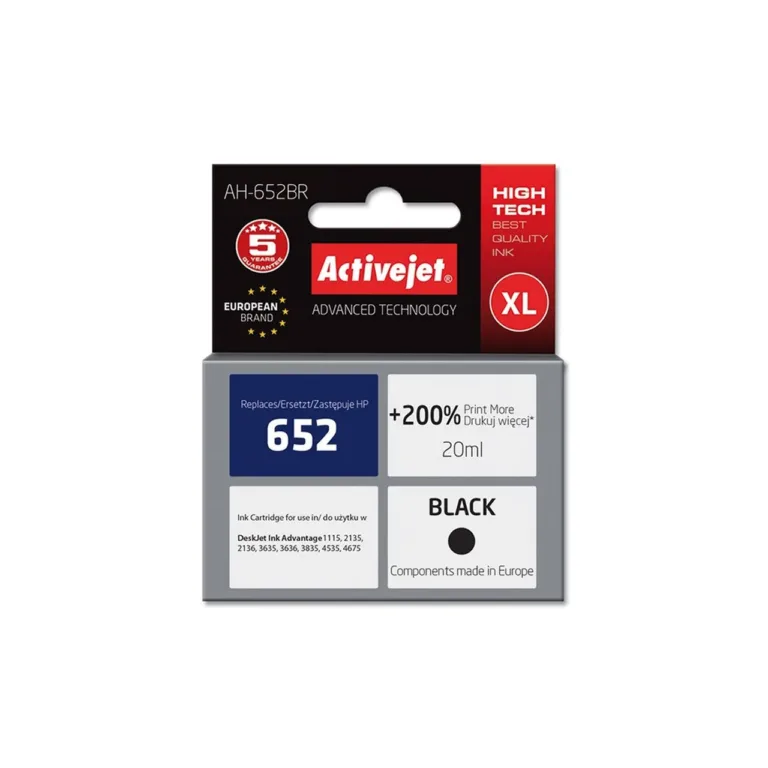 Activejet AH-652BR 20 ml XL must pigmenttindikassett (HP 652 F6V25AE asendus) HP Deskjet Ink Advantage printeritele