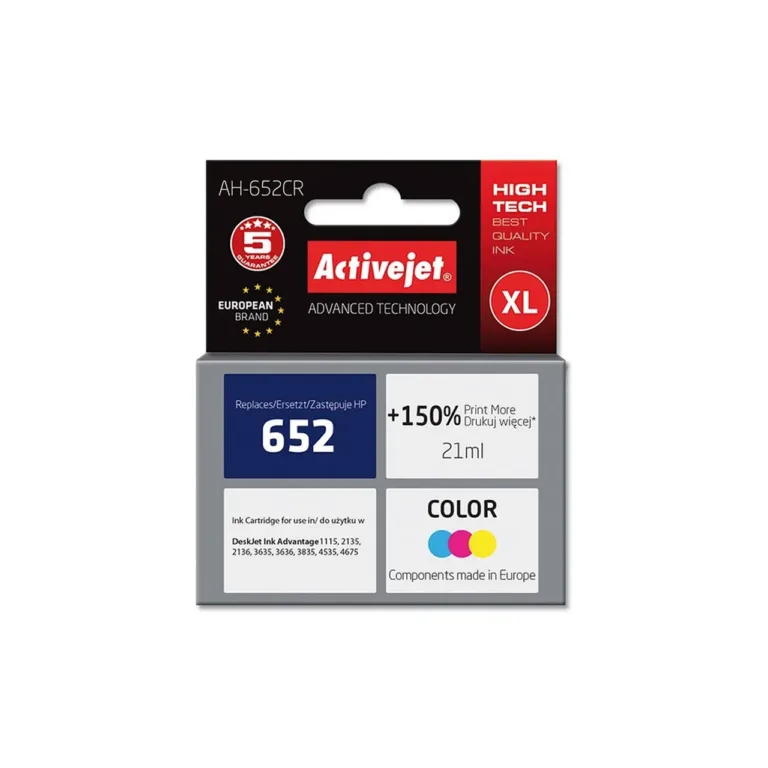 Activejet AH-652CR 21ml värvitindikassett (HP 652 F6V24AE asendus, XL-maht, tsüaan/magenta/kollane, ühilduv HP Deskjet Ink Advantage'iga)