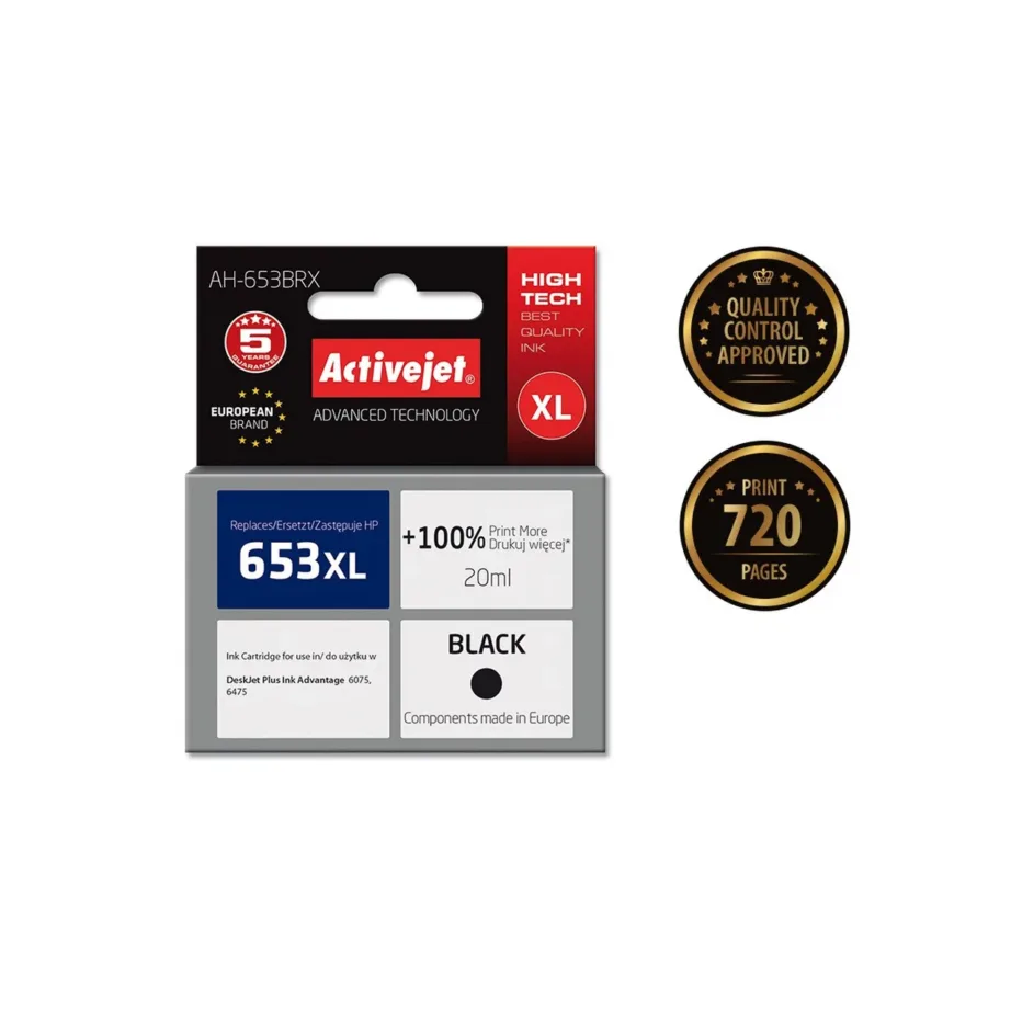 Activejet AH-653BRX 20 ml XL must tindikassett (asendab HP 653XL 3YM75AE, 720 lehte, pigmenttint) HP DeskJet Plus Ink Advantage printeritele