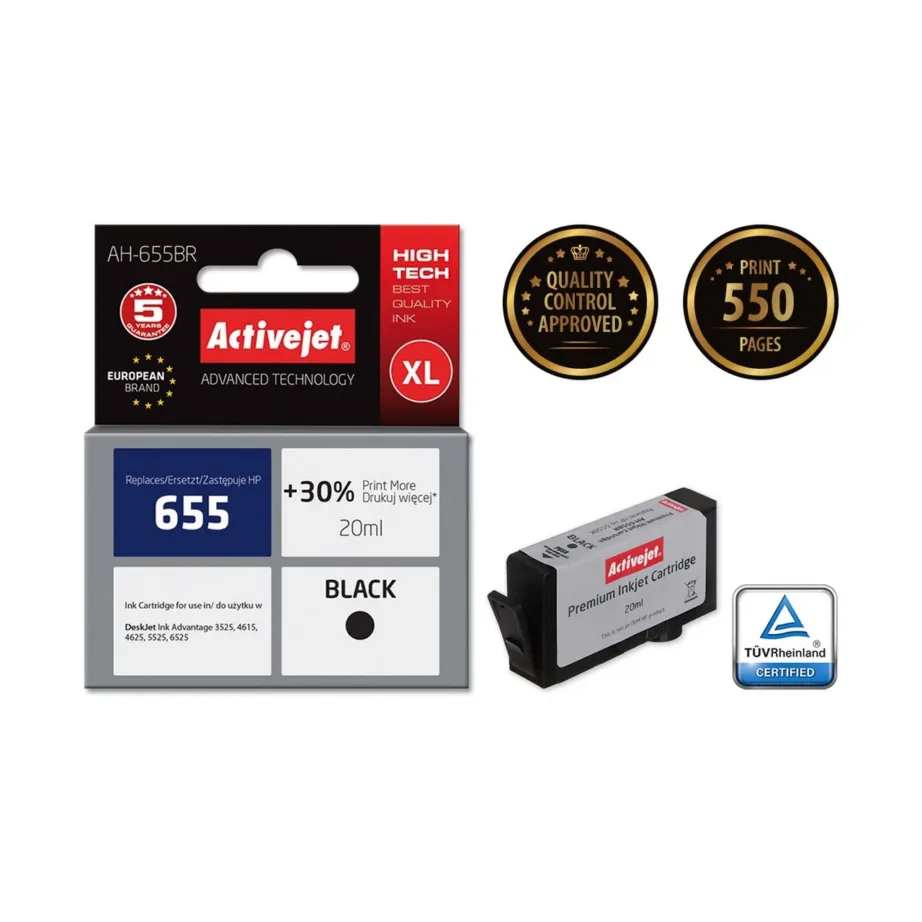 Activejet AH-655BR 20 ml must XL pigmenttindiga kassett HP 655 CZ109AE asendamiseks, sobib DeskJet 3525/4615/4625/5525/6525 printeritele