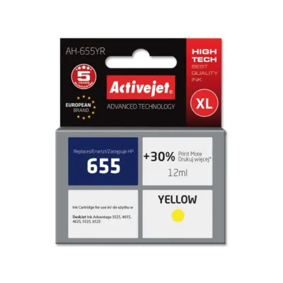 Activejet AH-655YR Premium 12 ml kollane pigmenttindikassett (asendab HP 655 CZ112AE), XL tootlikkus, HP Deskjet Ink Advantage 3525/4615/4625/5525/6525 printeritele