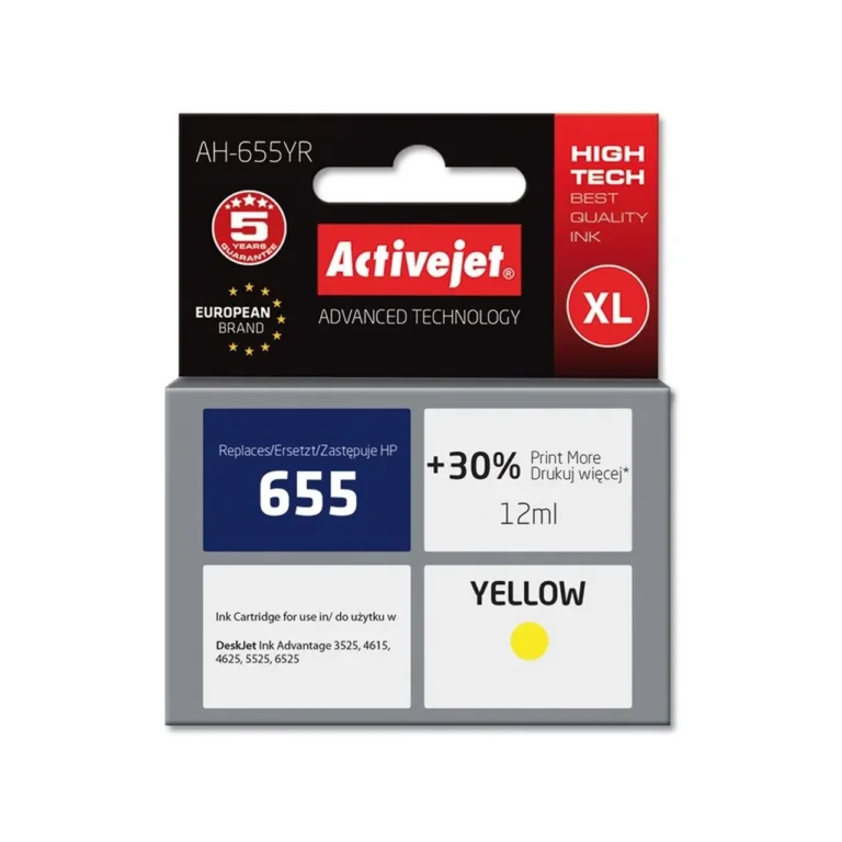 Activejet AH-655YR Premium 12 ml kollane pigmenttindikassett (asendab HP 655 CZ112AE), XL tootlikkus, HP Deskjet Ink Advantage 3525/4615/4625/5525/6525 printeritele