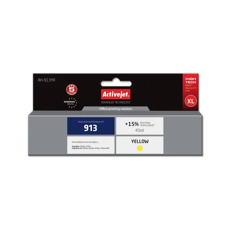 Activejet AH-913YR 45 ml kollane XL tindikassett HP 913 F6T79AE asendamiseks, ühilduv PageWide/Pro seeria printeritega