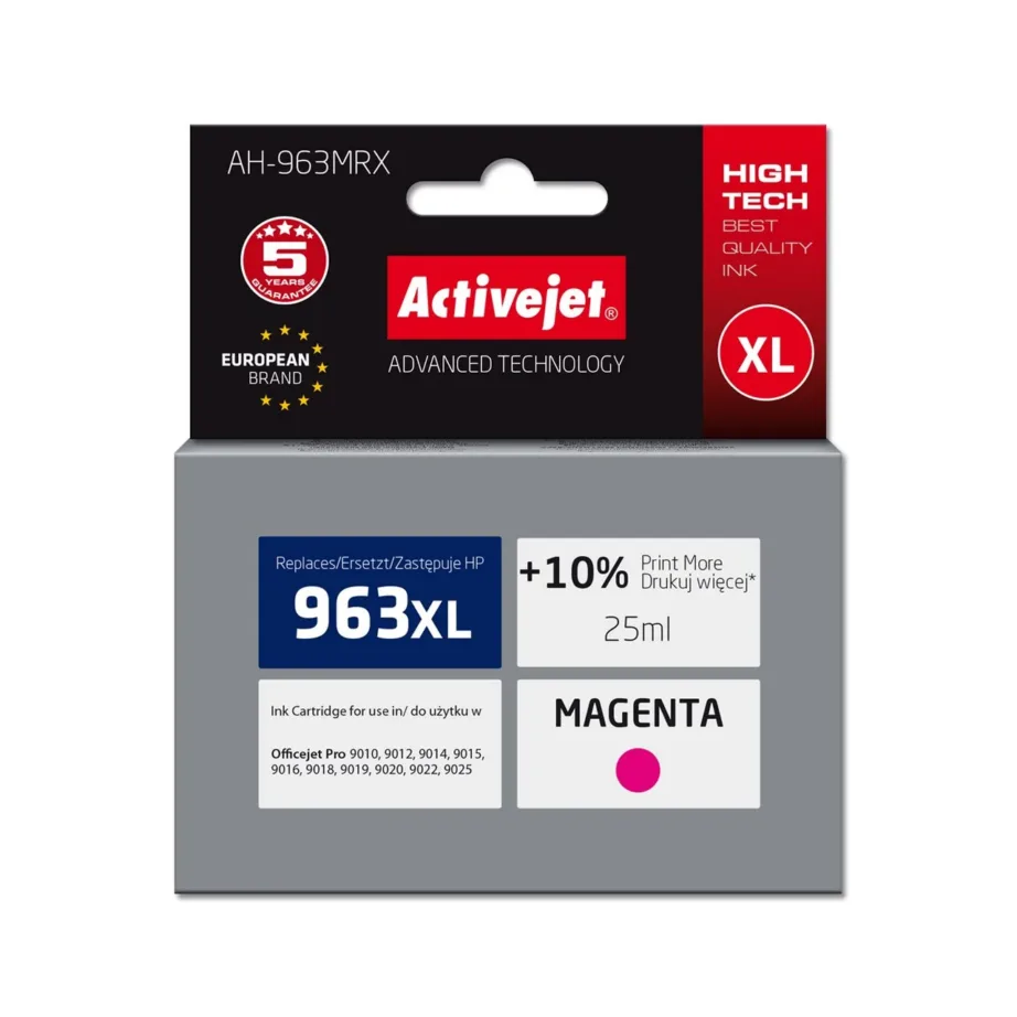 Activejet AH-963MRX 25 ml magenta tindikassett HP 963XL asendus, XL-mahuga, 1760 lehekülge, HP OfficeJet Pro 9010–9025 printeritele
