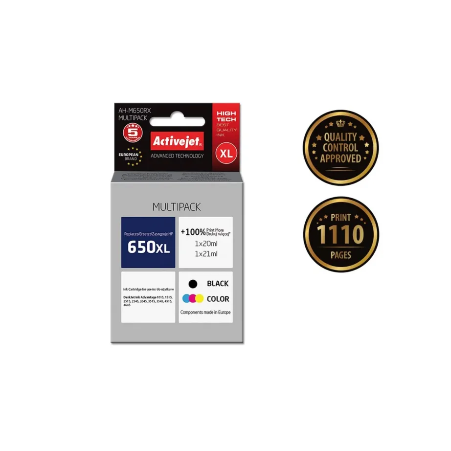Activejet AH-M650RX (HP 650 CZ101AE/CZ102AE) 20 ml must + 21 ml värviline XL tindikassett multipakk HP Deskjet Ink Advantage printeritele
