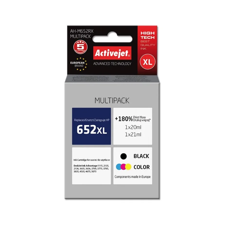 Activejet AH-M652RX HP 652 asenduskassettide XL multipakk (1×20 ml must, 1×21 ml värviline) ühilduv tindikassett HP Deskjet Ink Advantage printeritele