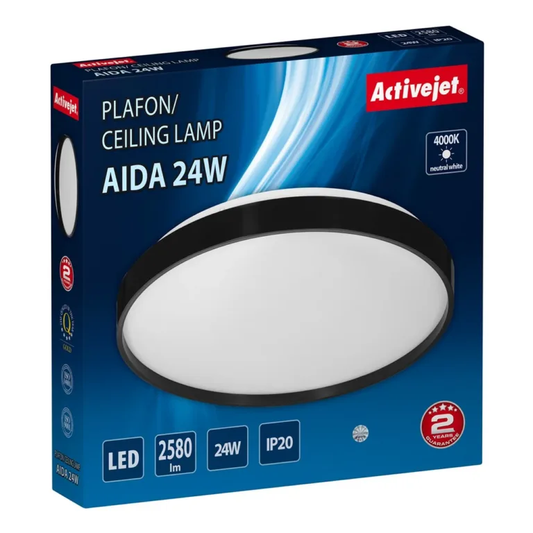 Activejet AJE-AIDA 24W, 39 cm ümar valge/must LED laevalgusti, 4000K neutraalne valgus, 2580 lm, IP20, siseruumidesse