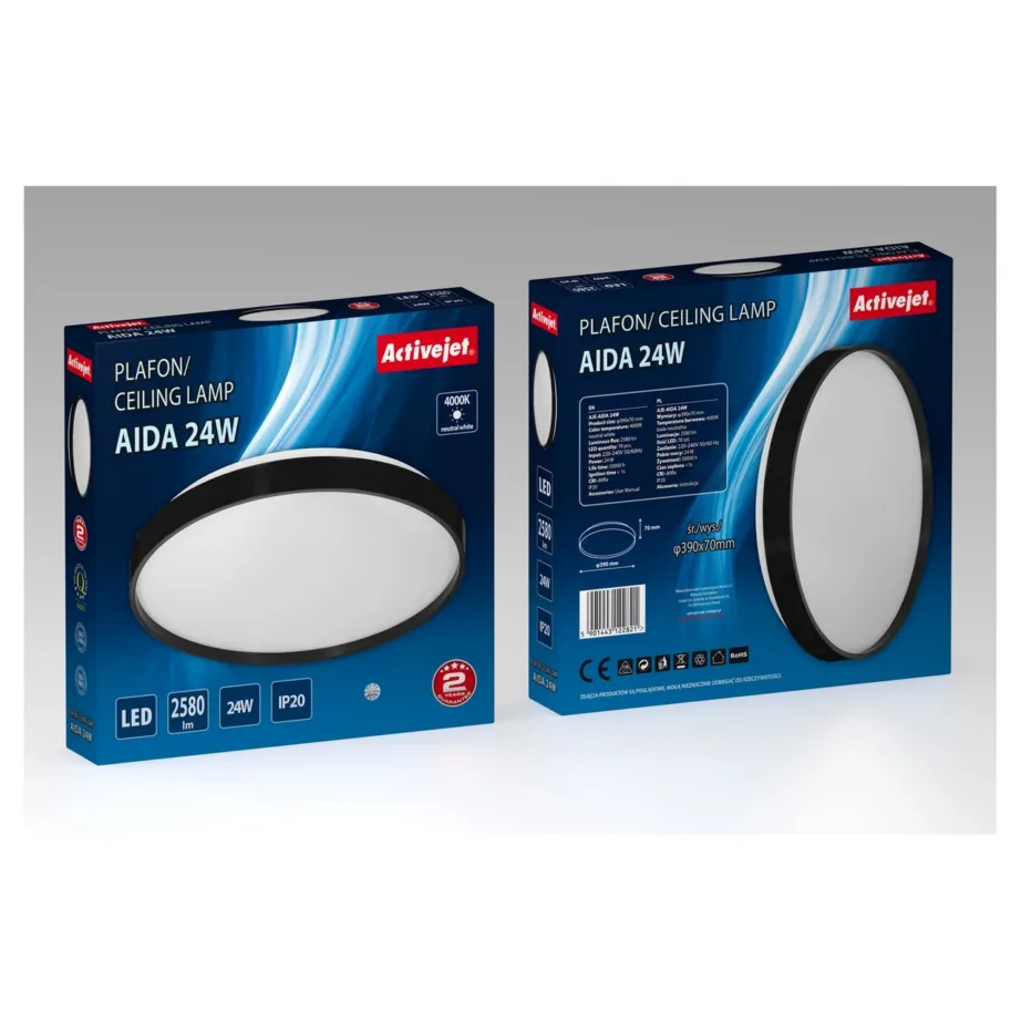 Activejet AJE-AIDA 24W, 39 cm ümar valge/must LED laevalgusti, 4000K neutraalne valgus, 2580 lm, IP20, siseruumidesse – 5