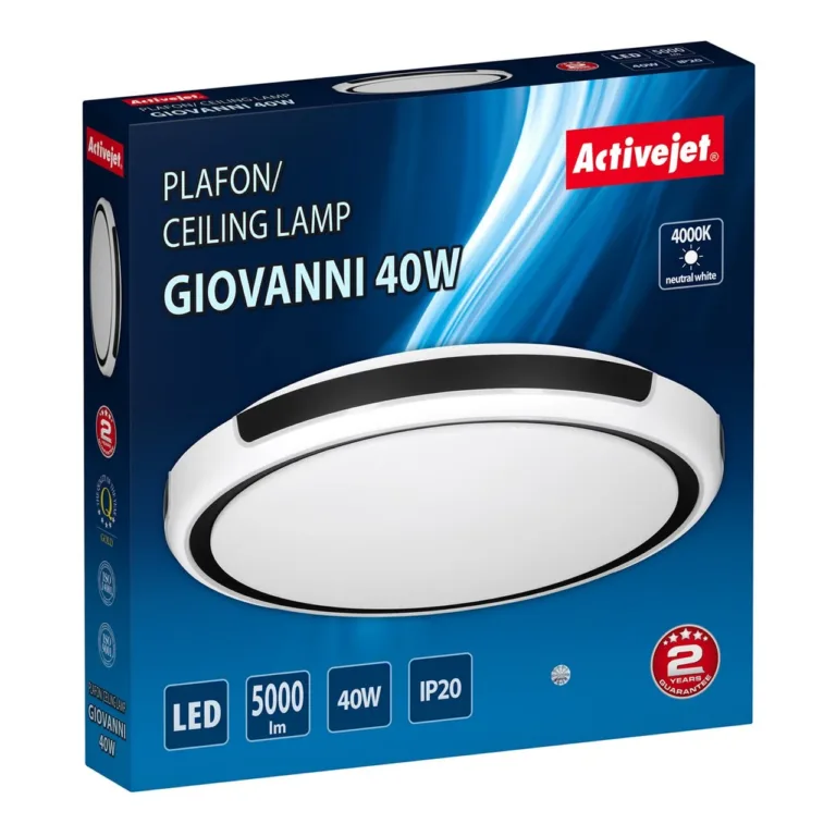 Activejet AJE-GIOVANNI 40W 51 cm must/valge ümmargune LED laevalgusti, 4000K, 5000 lm, IP20 siseruumidesse