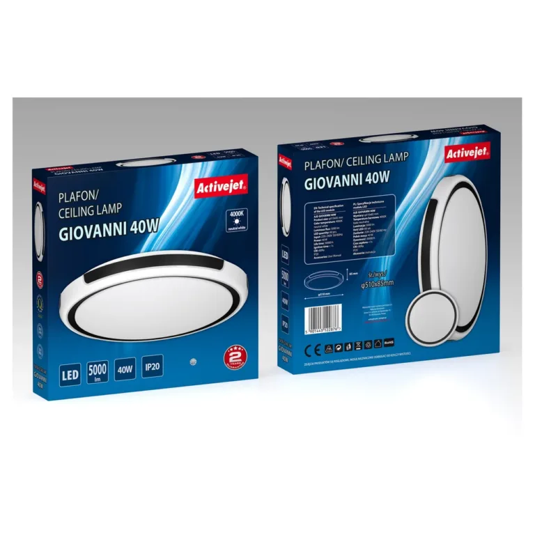 Activejet AJE-GIOVANNI 40W 51 cm must/valge ümmargune LED laevalgusti, 4000K, 5000 lm, IP20 siseruumidesse