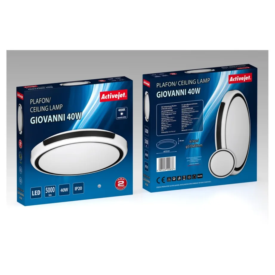 Activejet AJE-GIOVANNI 40W 51 cm must/valge ümmargune LED laevalgusti, 4000K, 5000 lm, IP20 siseruumidesse – 5