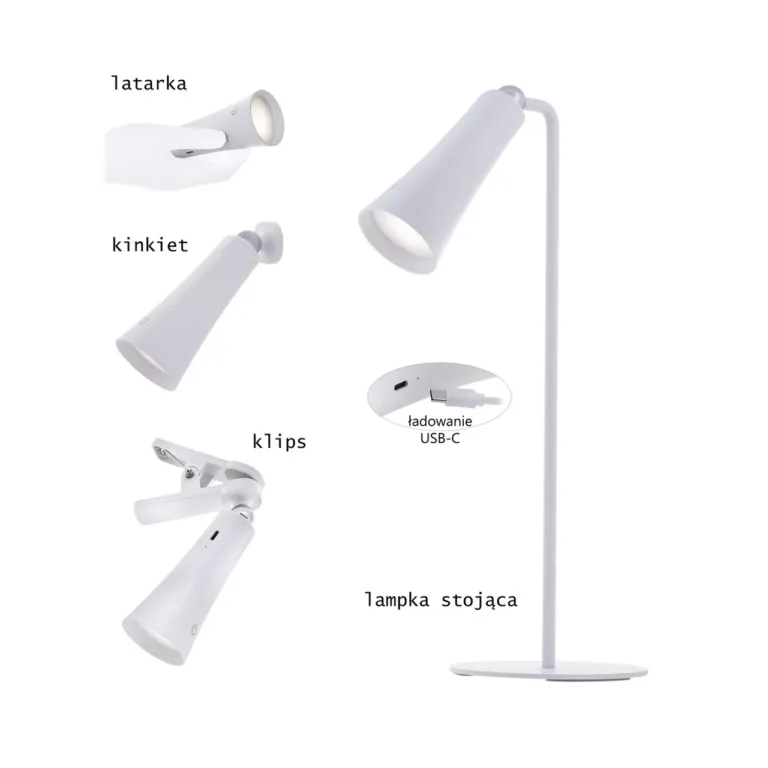 Activejet AJE-IDA 4in1 valge LED-laetav laualamp 12 pirniga, 362 mm, USB-C, magnetilise ja klambriga, puutetundlik hämardi