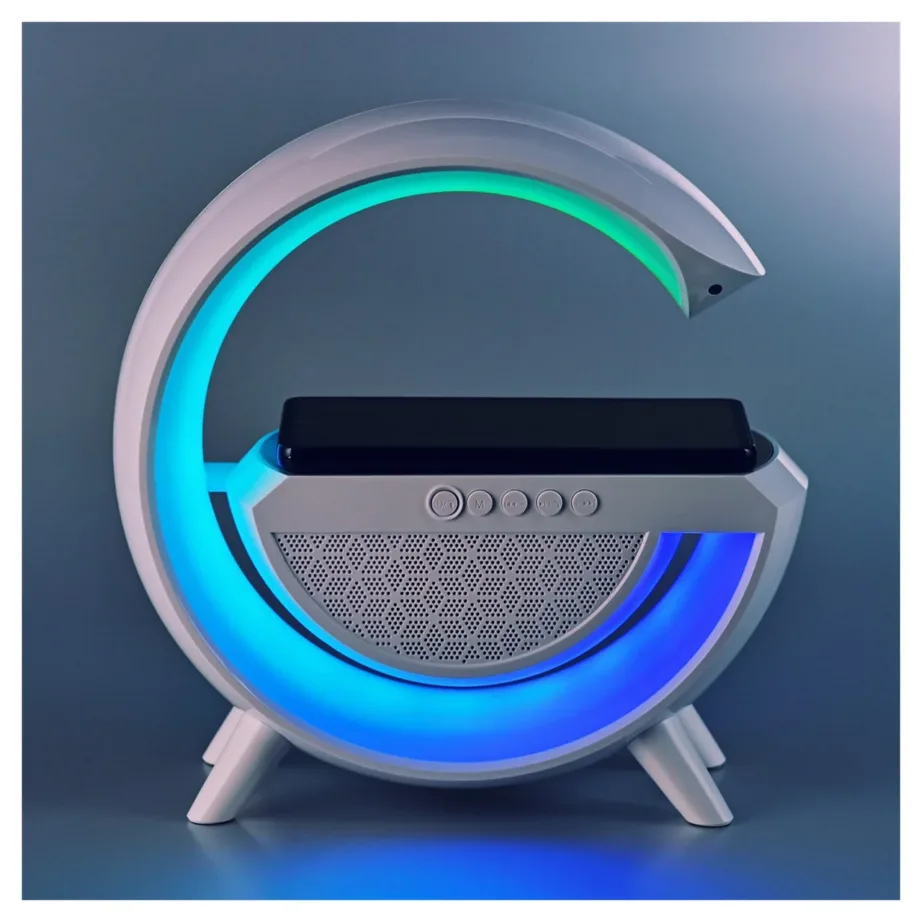 Activejet AJE-SOLO 238x80x235 mm valge RGB LED lauavalgusti Bluetooth-kõlari ja juhtmevaba laadijaga – 27