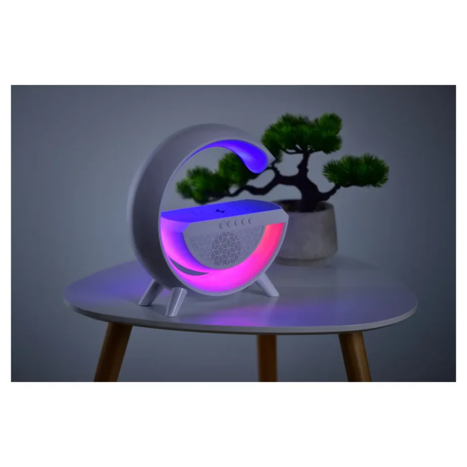 Activejet AJE-SOLO 238x80x235 mm valge RGB LED lauavalgusti Bluetooth-kõlari ja juhtmevaba laadijaga – 35