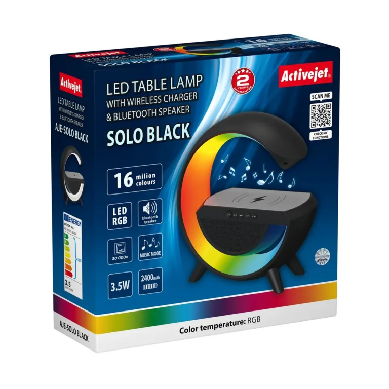 Activejet AJE-SOLO RGB must 238x80x235 mm LED muusikavalgusti juhtmevaba laadija ja Bluetooth kõlariga