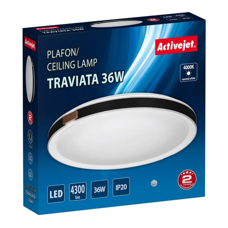 Activejet AJE-TRAVIATA 41 cm 36W must/valge LED laevalgusti 4300 lm, 4000K, siseruumidesse