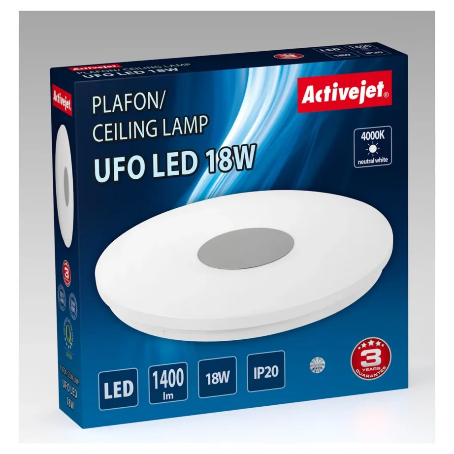 Activejet AJE-UFO 18W 32,5 cm valge/hõbedane ümar LED laeplafond 1400 lm 4000K siseruumidesse