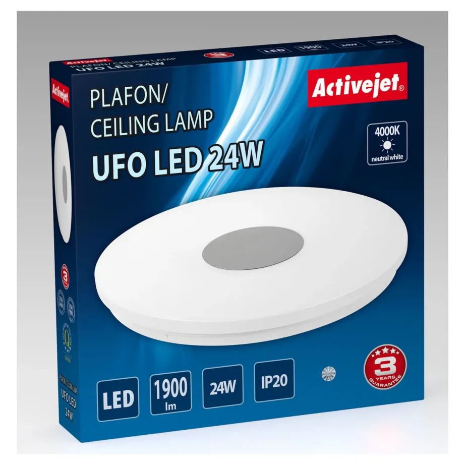 Activejet AJE-UFO 24W 38 cm ümar LED laeplafond 4000K 1900 lm valge/hõbedane, siseruumidesse