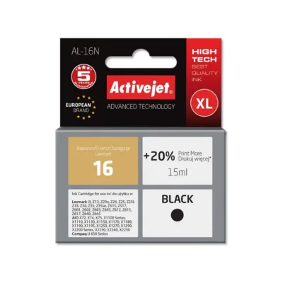 Activejet AL-16N 15 ml must pigmenttindiga kassett Lexmark 16 (10N0016) printeritele, +20% prindimaht, ühilduv, 1 tk pakis